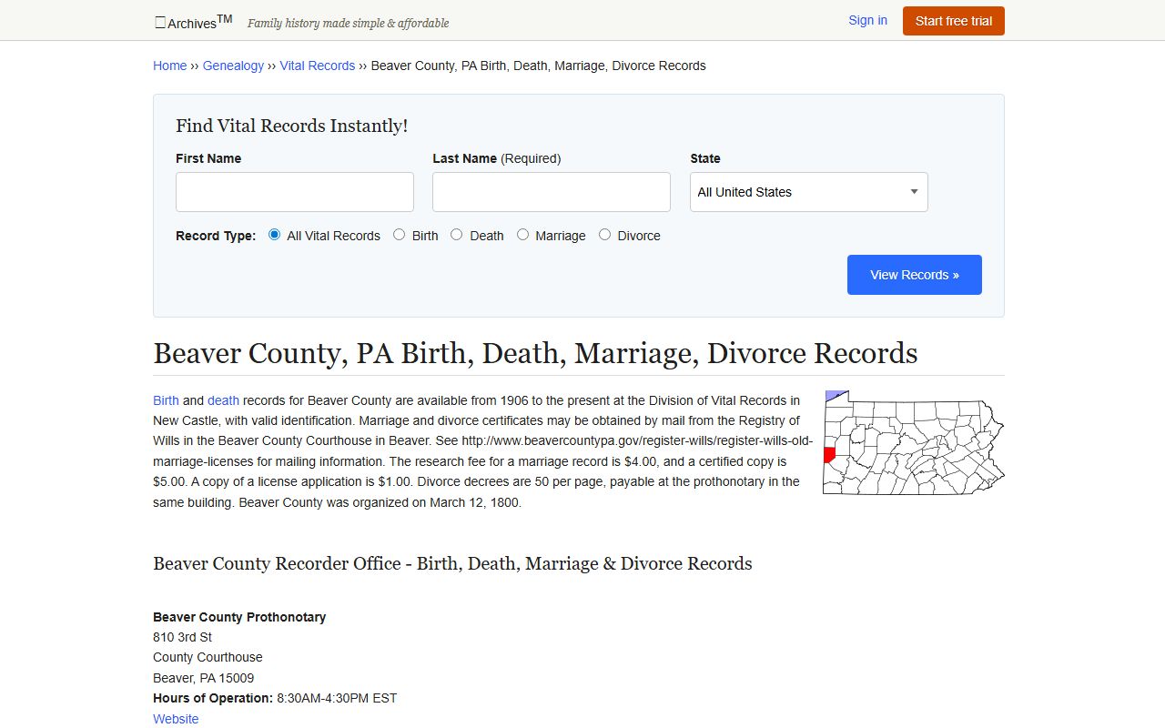 Beaver County Pennsylvania vital records and death index genealogy guide