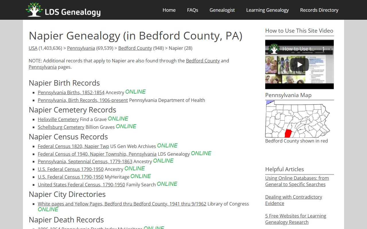 Bedford County Pennsylvania death records and genealogy resources
