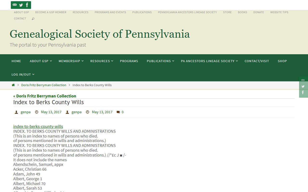 Berks County Pennsylvania wills and death records index