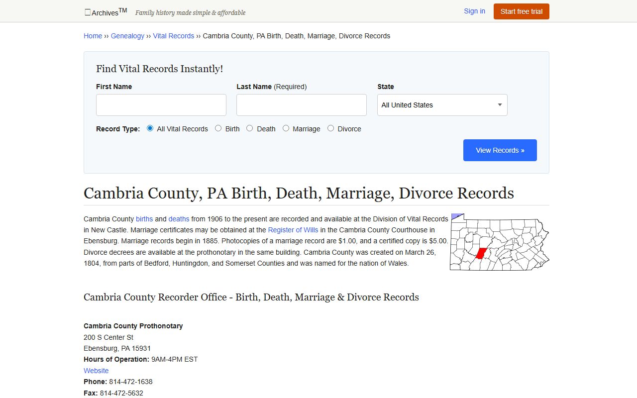 Cambria County Pennsylvania vital records and death index genealogy