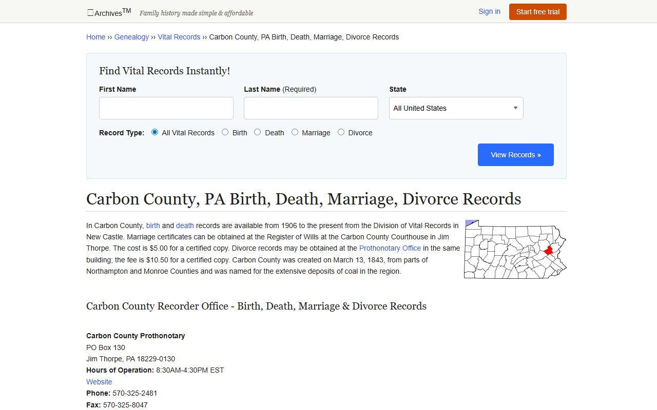 Carbon County Pennsylvania vital records and death index