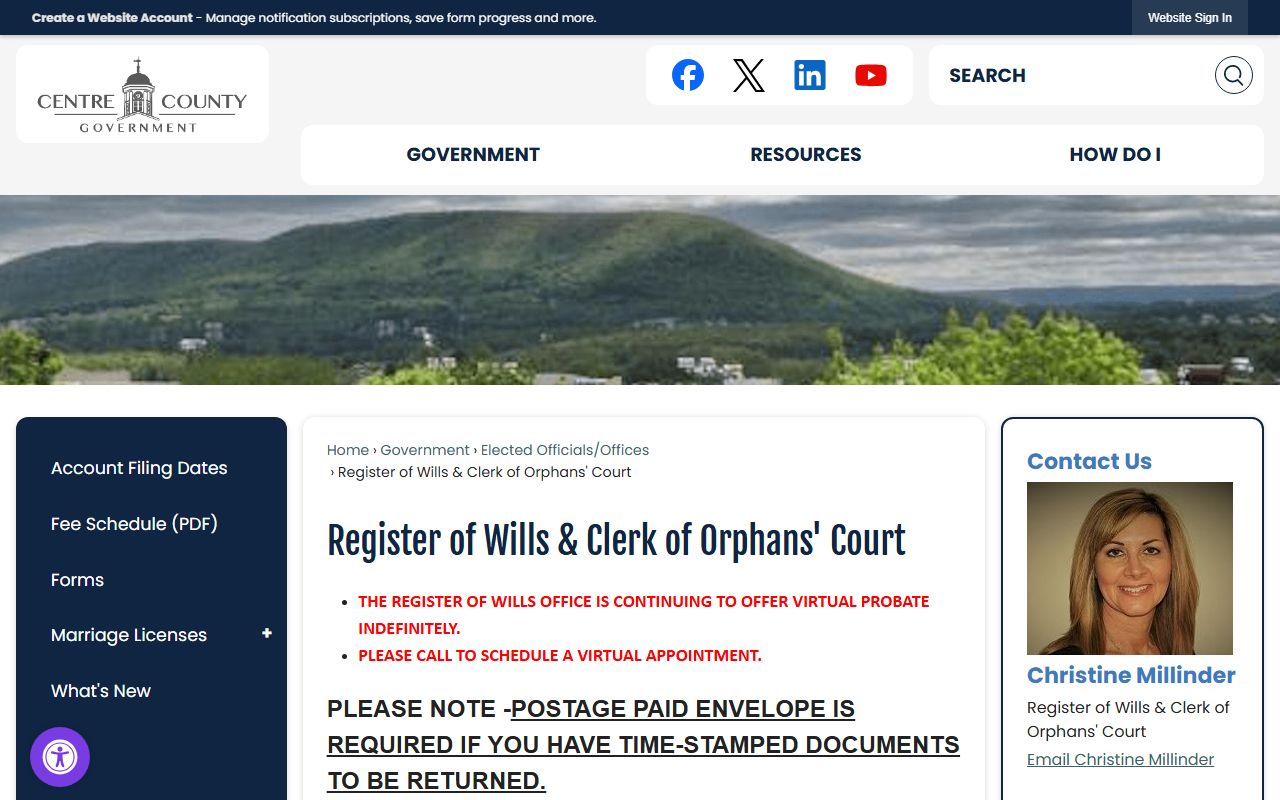 Centre County Pennsylvania Register of Wills for death records
