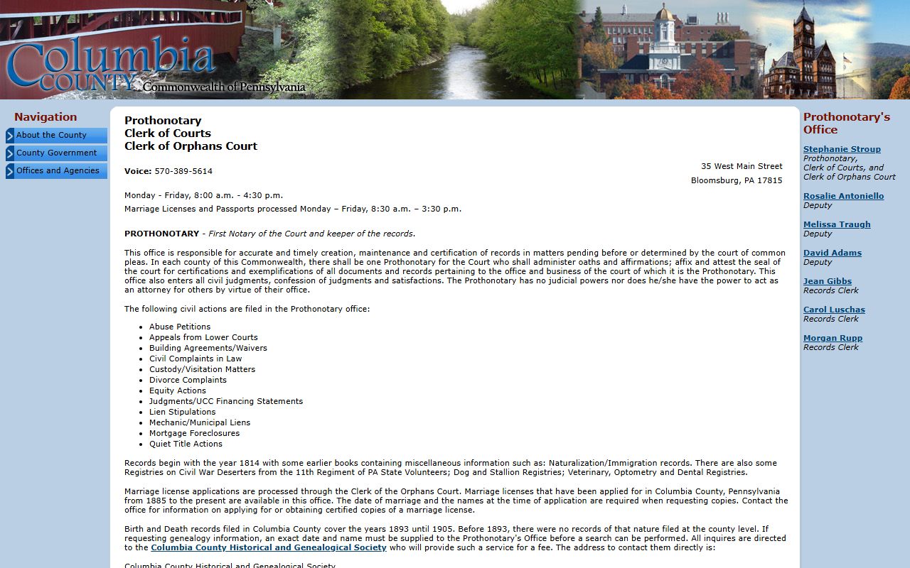 Columbia County Pennsylvania prothonotary and death records