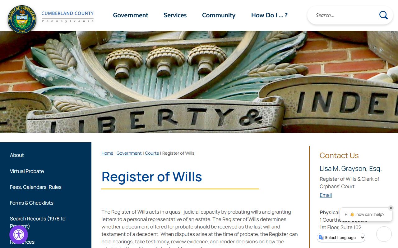 Cumberland County Pennsylvania Register of Wills for death records