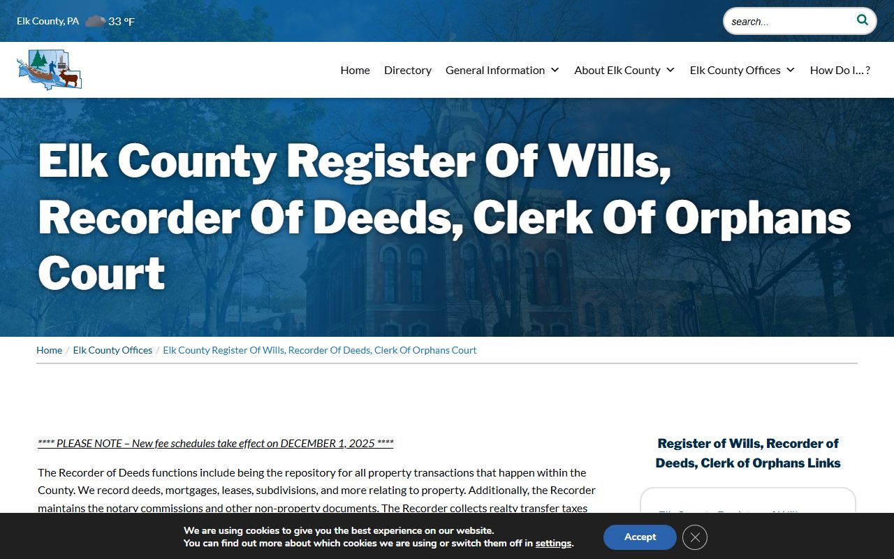 Elk County Pennsylvania Register of Wills and death records office