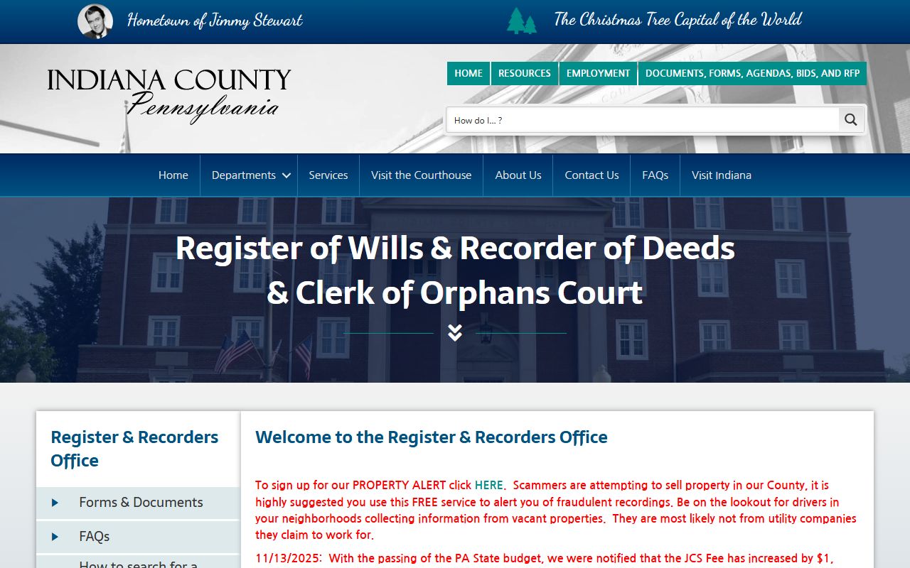 Indiana County Pennsylvania Register and Recorder for death records