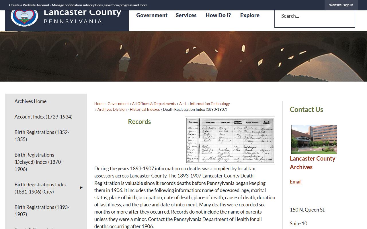 Lancaster County Pennsylvania death registration index 1893-1907