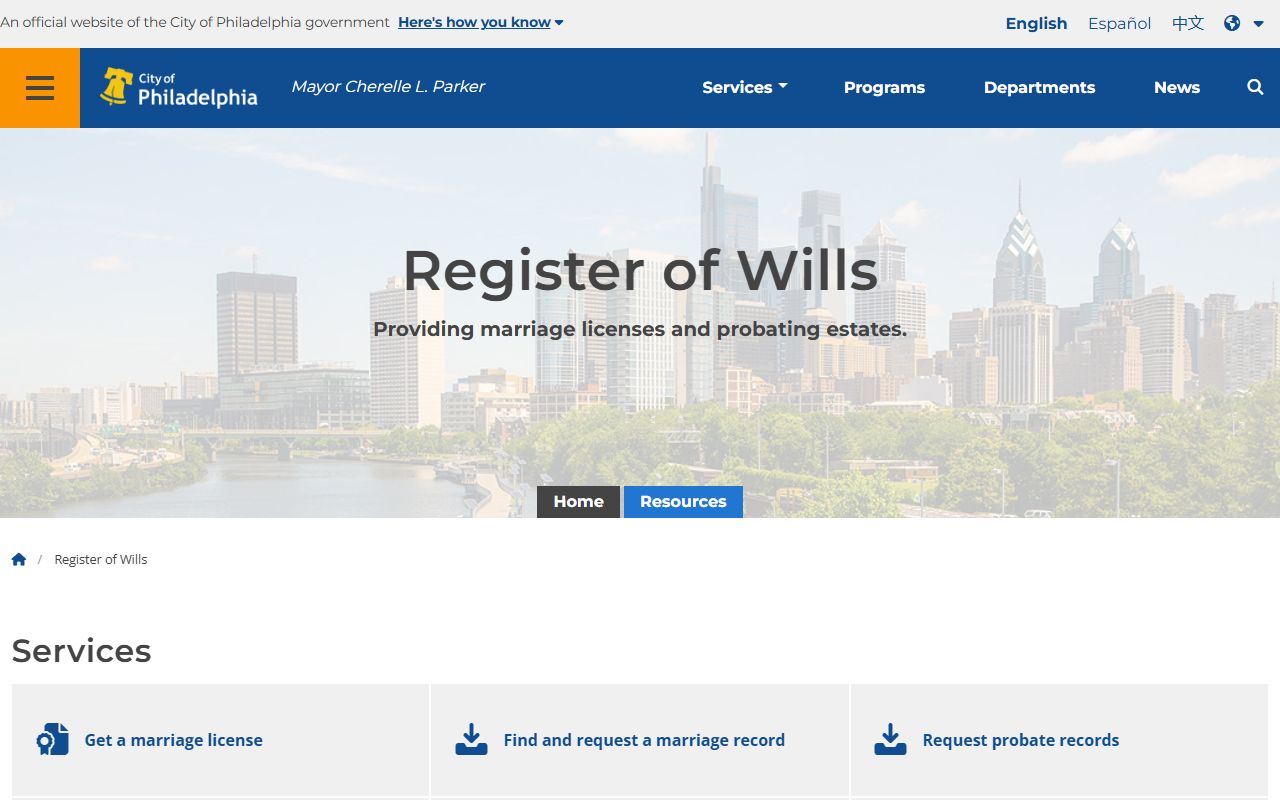 Philadelphia County Register of Wills office for death records