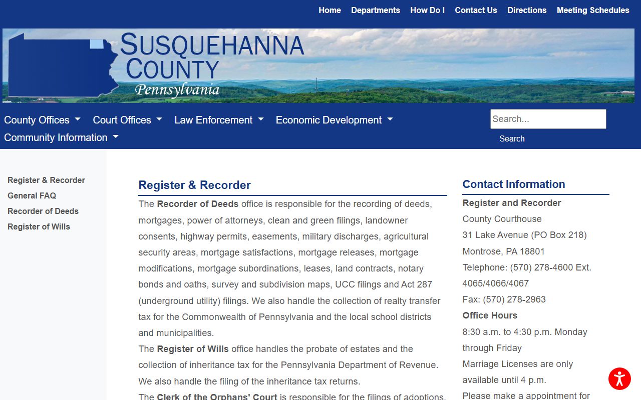 Susquehanna County Pennsylvania Register and Recorder department