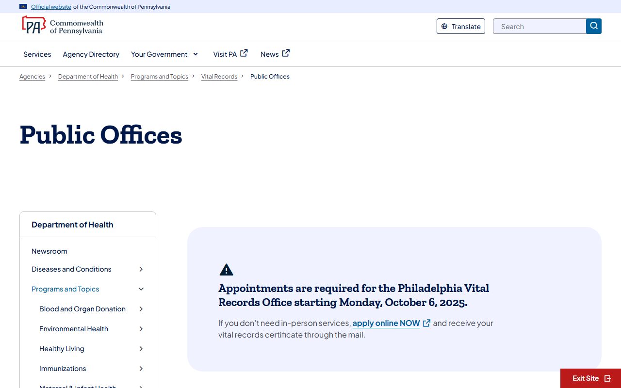 Pennsylvania Department of Health vital records death certificate ordering page