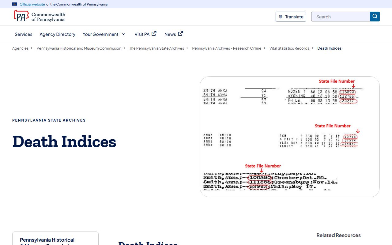 Pennsylvania State Archives vital statistics records research page