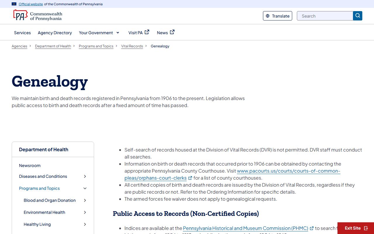 Pennsylvania Department of Health genealogy records page